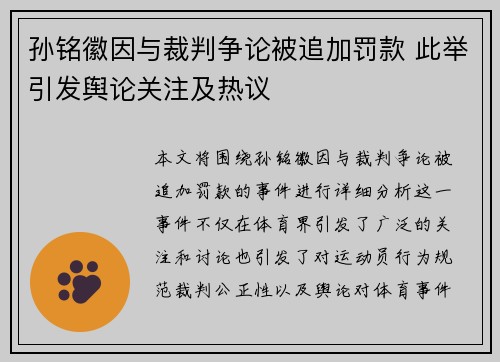 孙铭徽因与裁判争论被追加罚款 此举引发舆论关注及热议