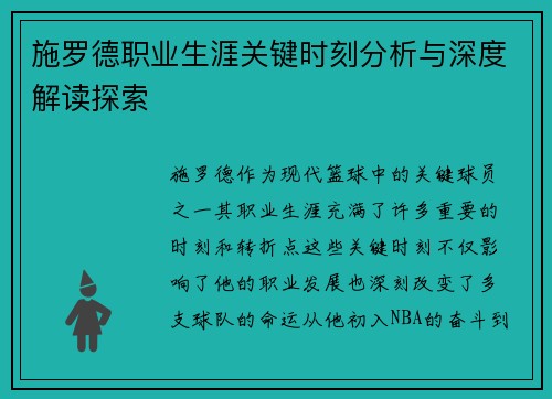 施罗德职业生涯关键时刻分析与深度解读探索
