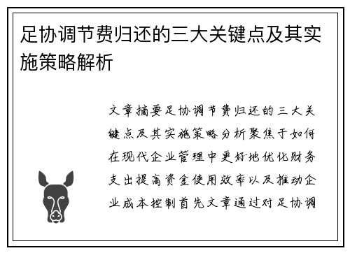 足协调节费归还的三大关键点及其实施策略解析